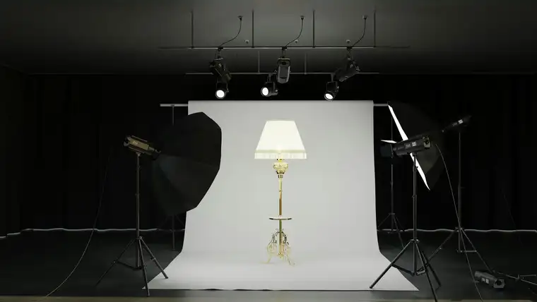 Studio lighting equipment set up for a photoshoot